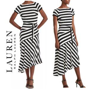Lauren Ralph Lauren Striped Tie Front Jersey Midi Dress Black White NWT
